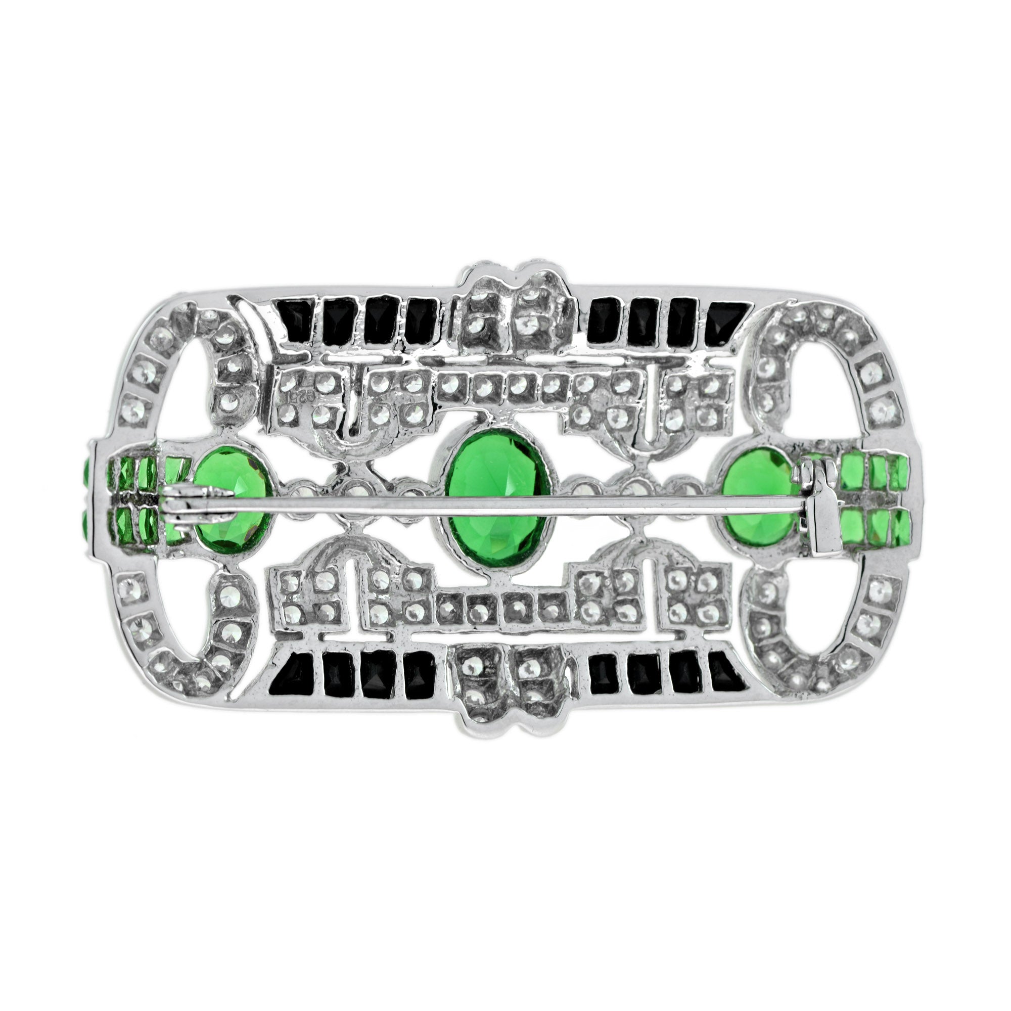 7.09 ctw Art Deco Style Tsavorite, Diamond & Onyx Brooch 14K White Gold