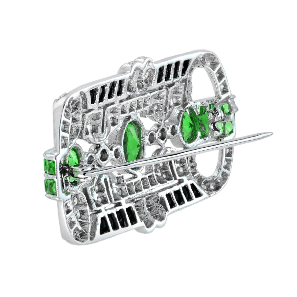 Green Tsavorite & Black Onyx Diamond Art Deco Style 14K White Gold Pin Brooch