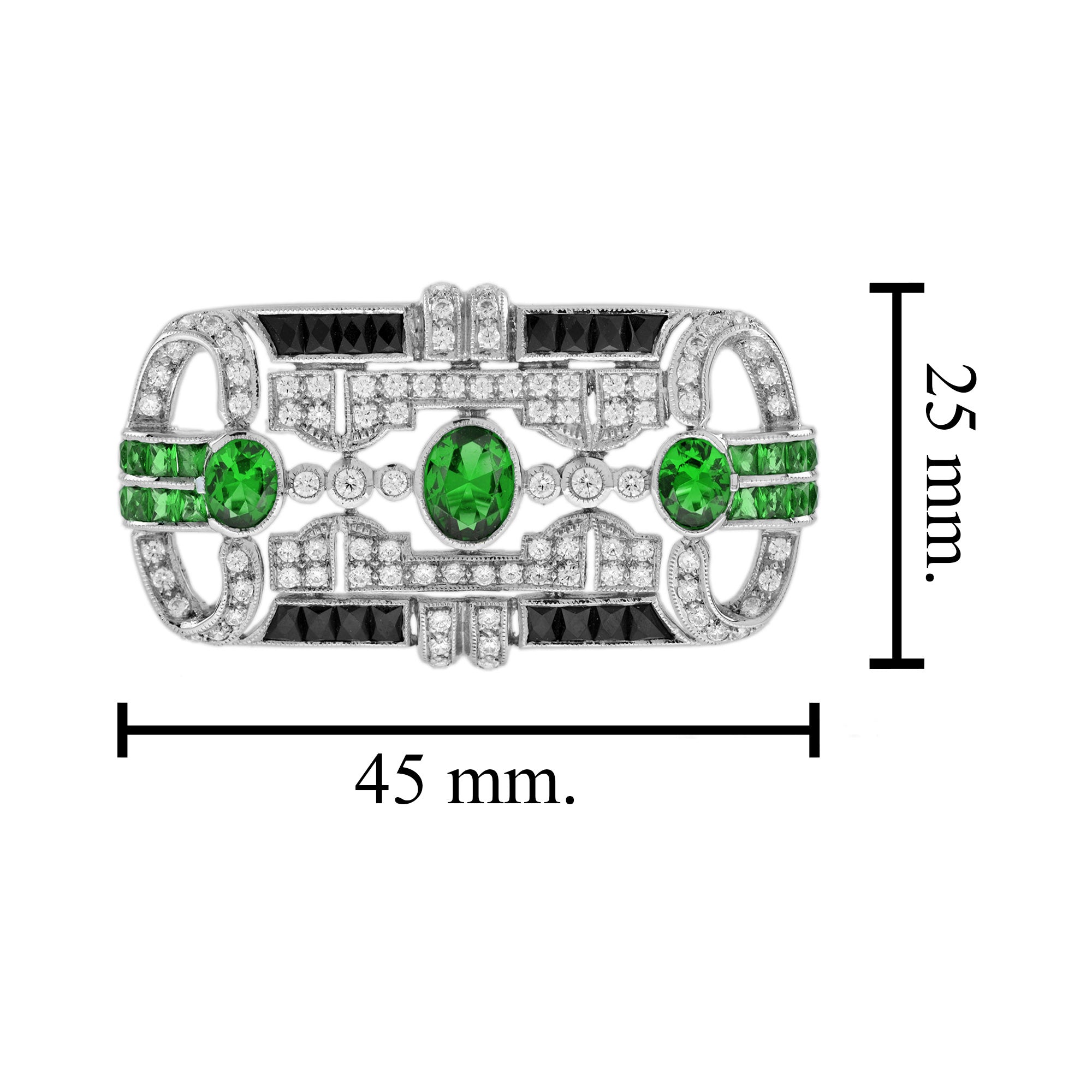 Green Tsavorite & Black Onyx Diamond Art Deco Style 14K White Gold Pin Brooch