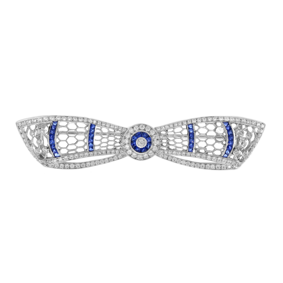 Diamond & Blue Sapphire Art Deco Style Bow Crown 14K White Gold Pin Brooch