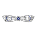 Diamond & Blue Sapphire Art Deco Style Bow Crown 14K White Gold Pin Brooch