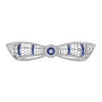 Diamond & Blue Sapphire Art Deco Style Bow Crown 14K White Gold Pin Brooch