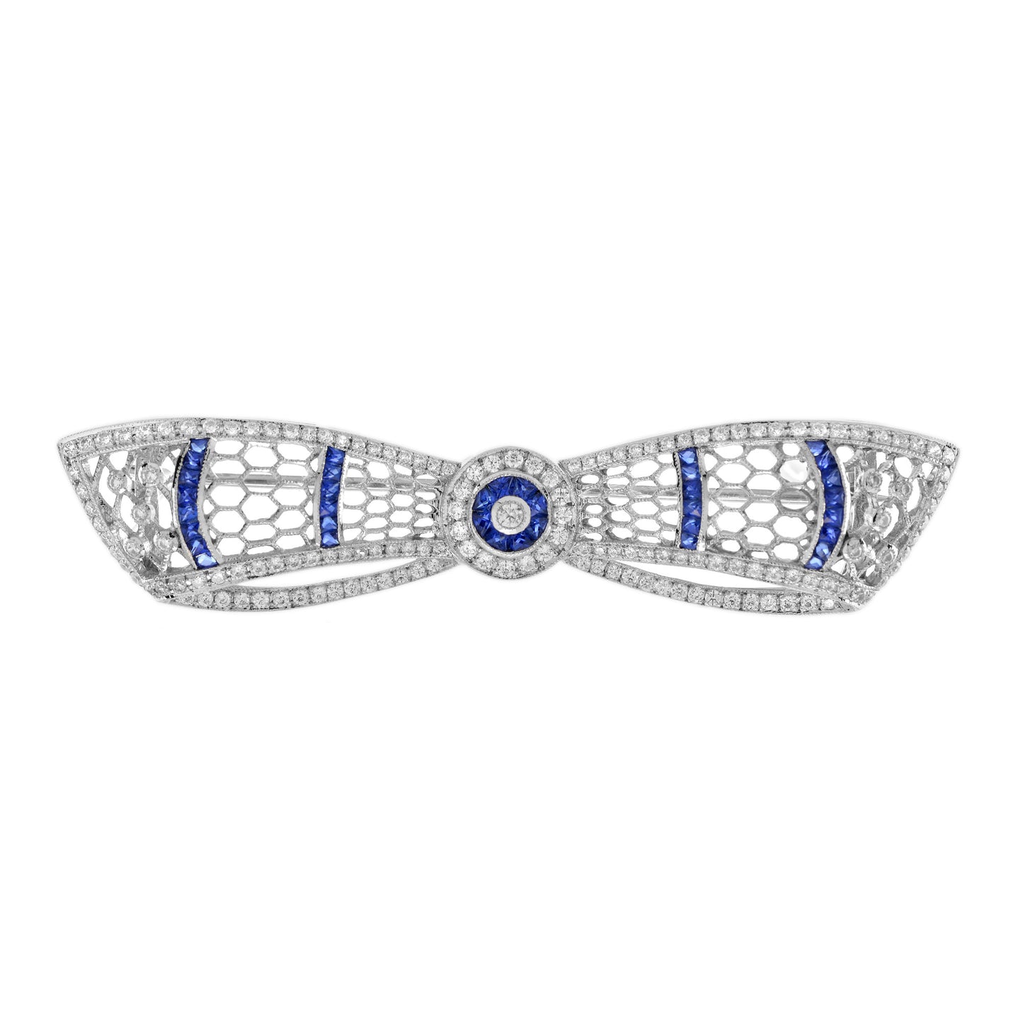 diamond & blue sapphire art deco style bow crown 14k white gold pin brooch