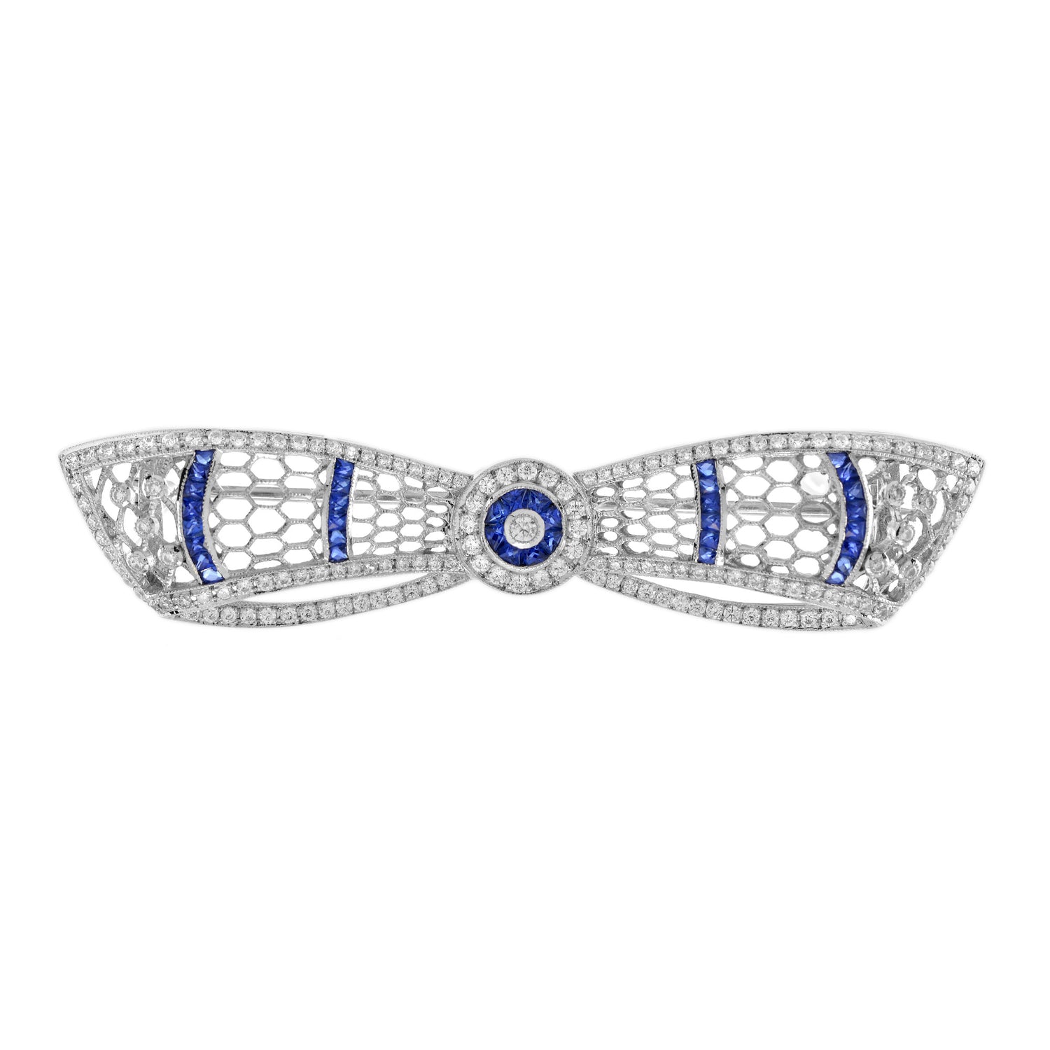Diamond &amp; Blue Sapphire Art Deco Style Bow Crown 14K White Gold Pin Brooch