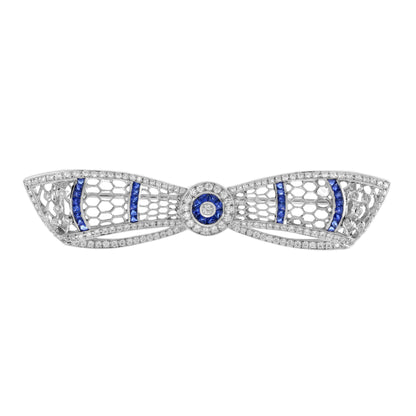 Diamond & Blue Sapphire Art Deco Style Bow Crown 14K White Gold Pin Brooch
