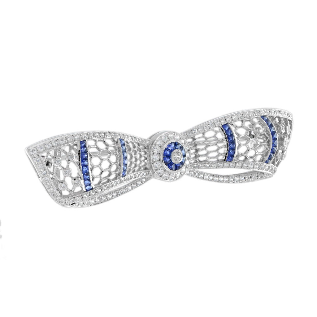 Diamond & Blue Sapphire Art Deco Style Bow Crown 14K White Gold Pin Brooch