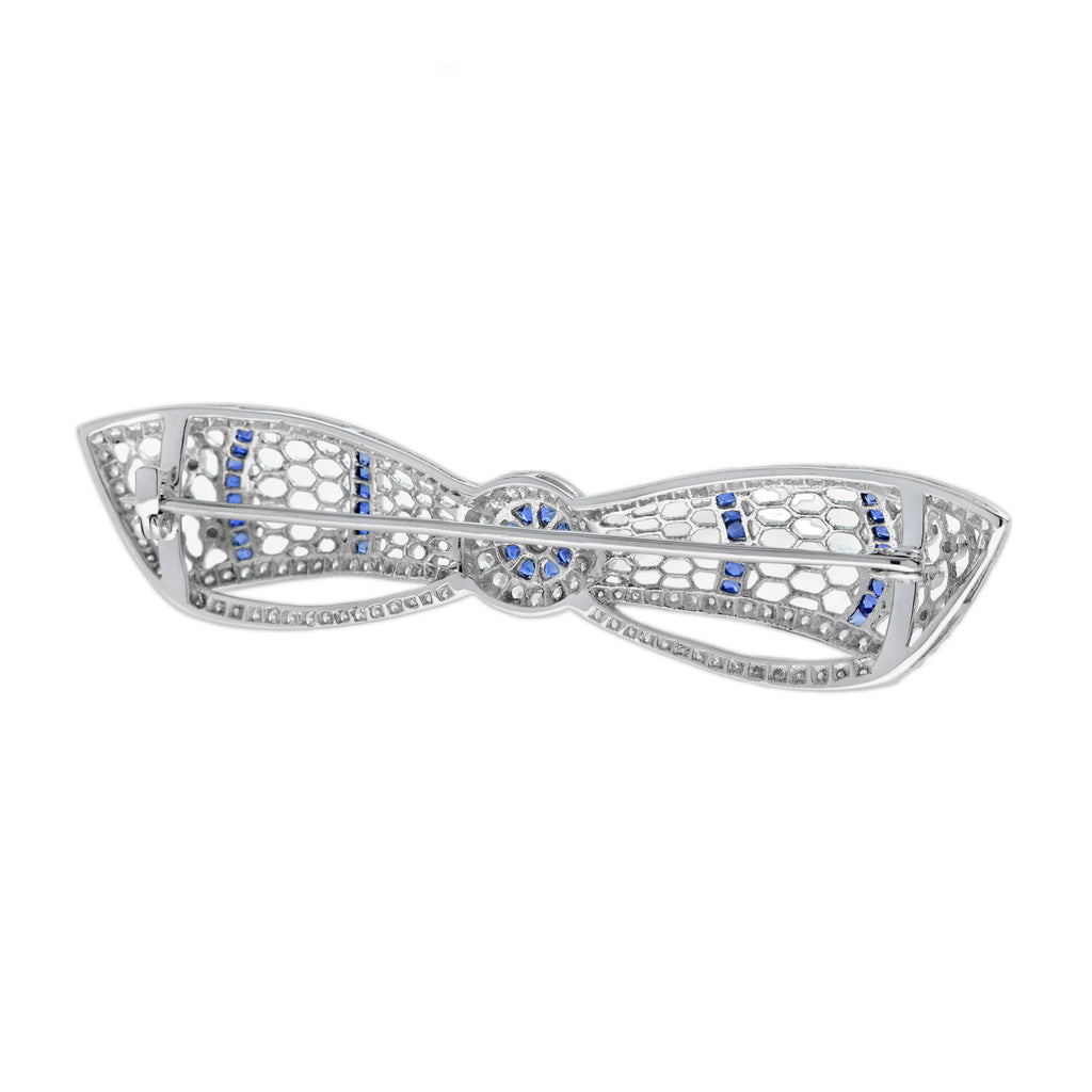 Diamond & Blue Sapphire Art Deco Style Bow Crown 14K White Gold Pin Brooch