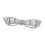 Diamond & Blue Sapphire Art Deco Style Bow Crown 14K White Gold Pin Brooch