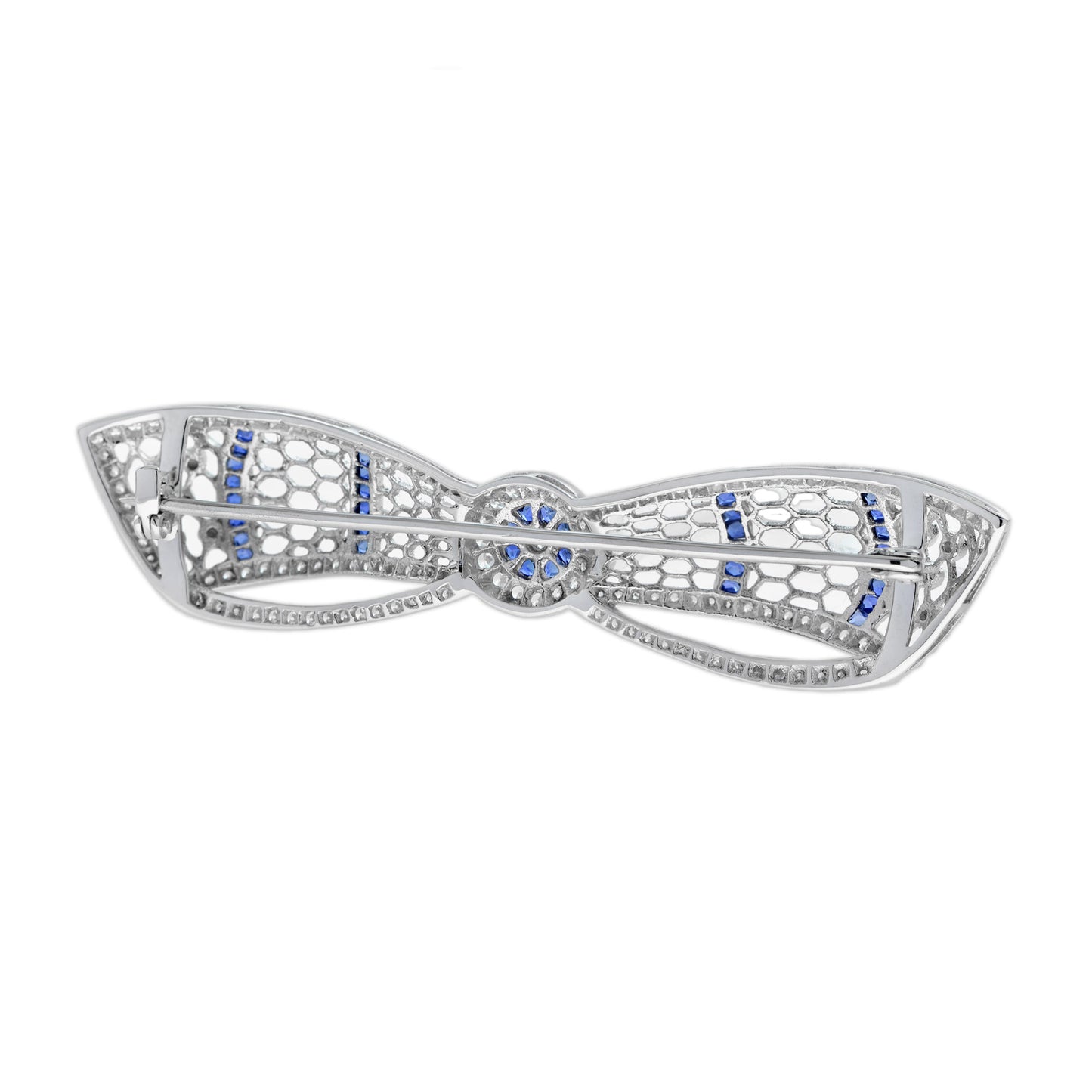 diamond & blue sapphire art deco style bow crown 14k white gold pin brooch