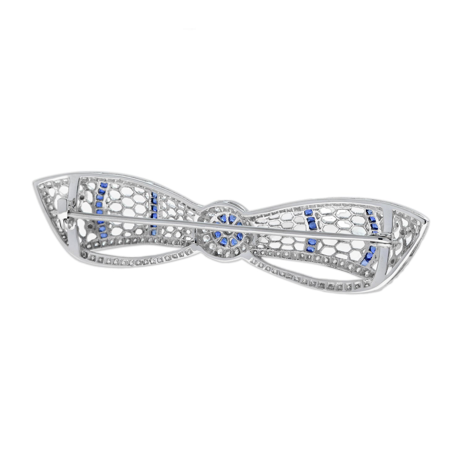 Diamond &amp; Blue Sapphire Art Deco Style Bow Crown 14K White Gold Pin Brooch