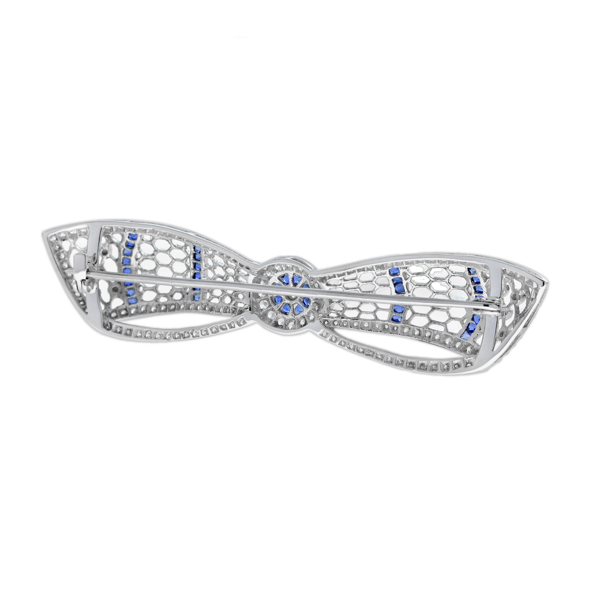 Diamond & Blue Sapphire Art Deco Style Bow Crown 14K White Gold Pin Brooch