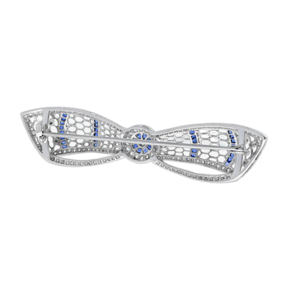 Diamond & Blue Sapphire Art Deco Style Bow Crown 14K White Gold Pin Brooch