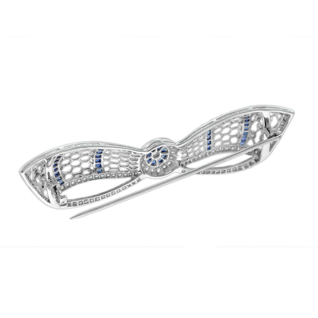 Diamond & Blue Sapphire Art Deco Style Bow Crown 14K White Gold Pin Brooch