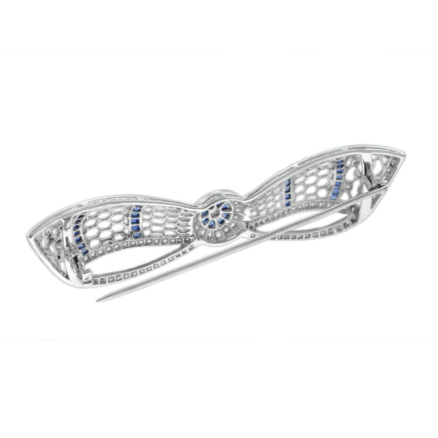 diamond & blue sapphire art deco style bow crown 14k white gold pin brooch