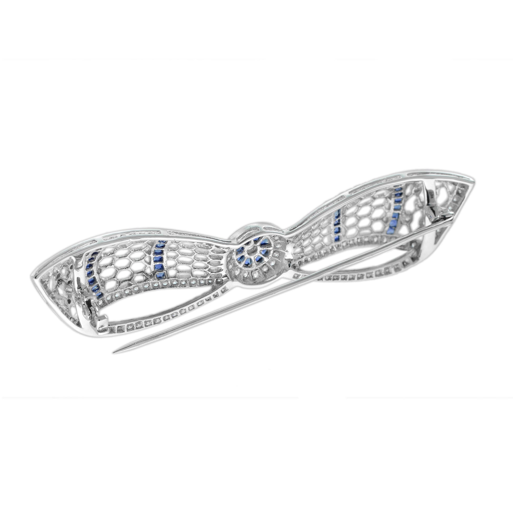 Diamond & Blue Sapphire Art Deco Style Bow Crown 14K White Gold Pin Brooch