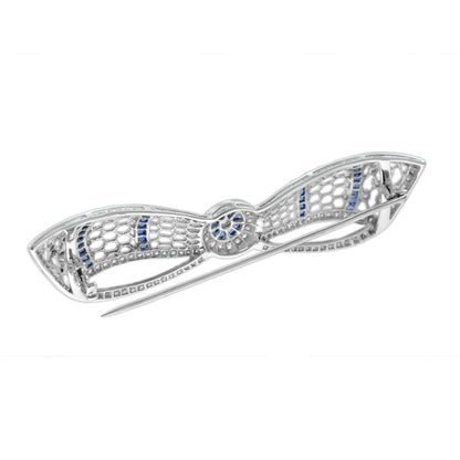 Diamond & Blue Sapphire Art Deco Style Bow Crown 14K White Gold Pin Brooch