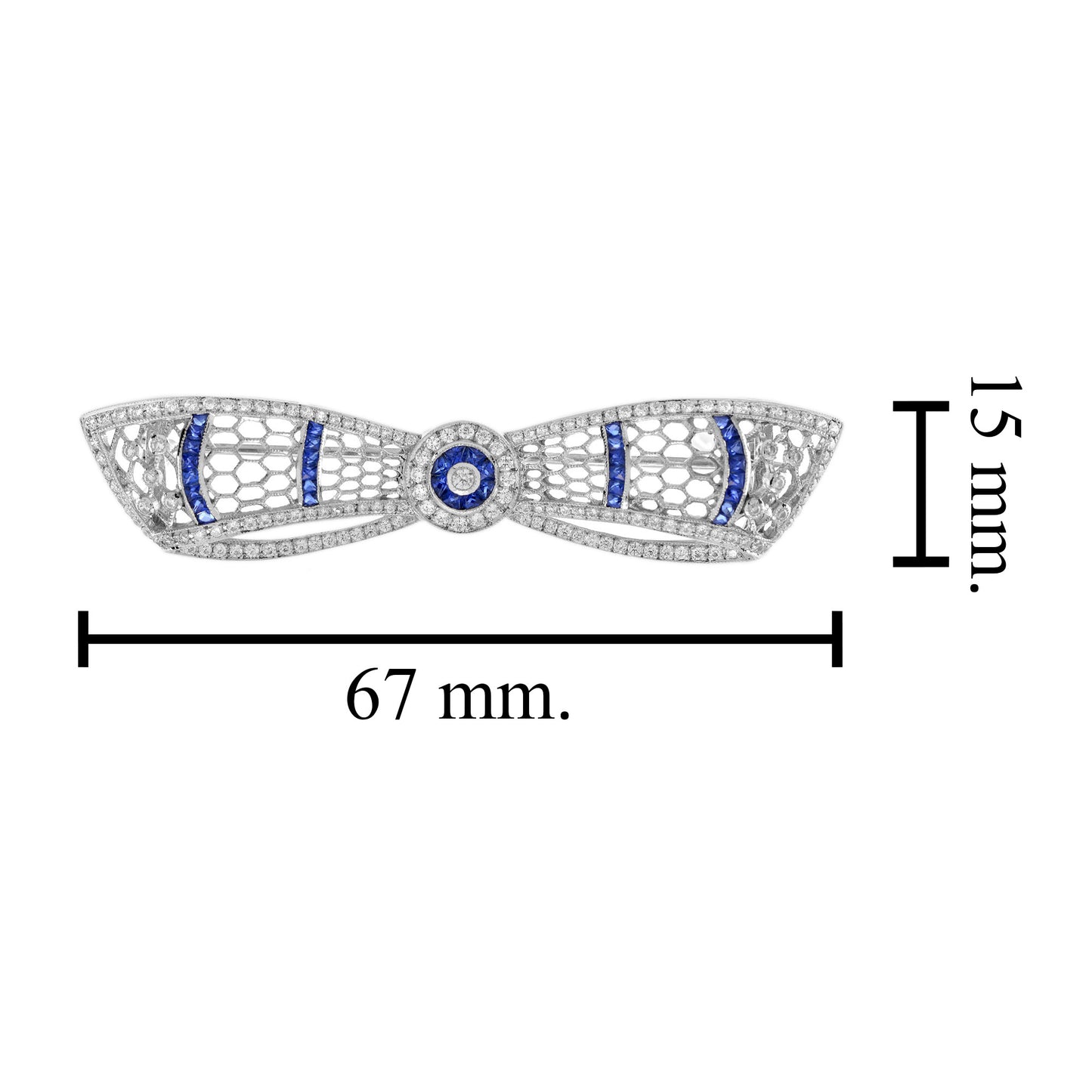 diamond & blue sapphire art deco style bow crown 14k white gold pin brooch