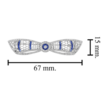 Diamond & Blue Sapphire Art Deco Style Bow Crown 14K White Gold Pin Brooch