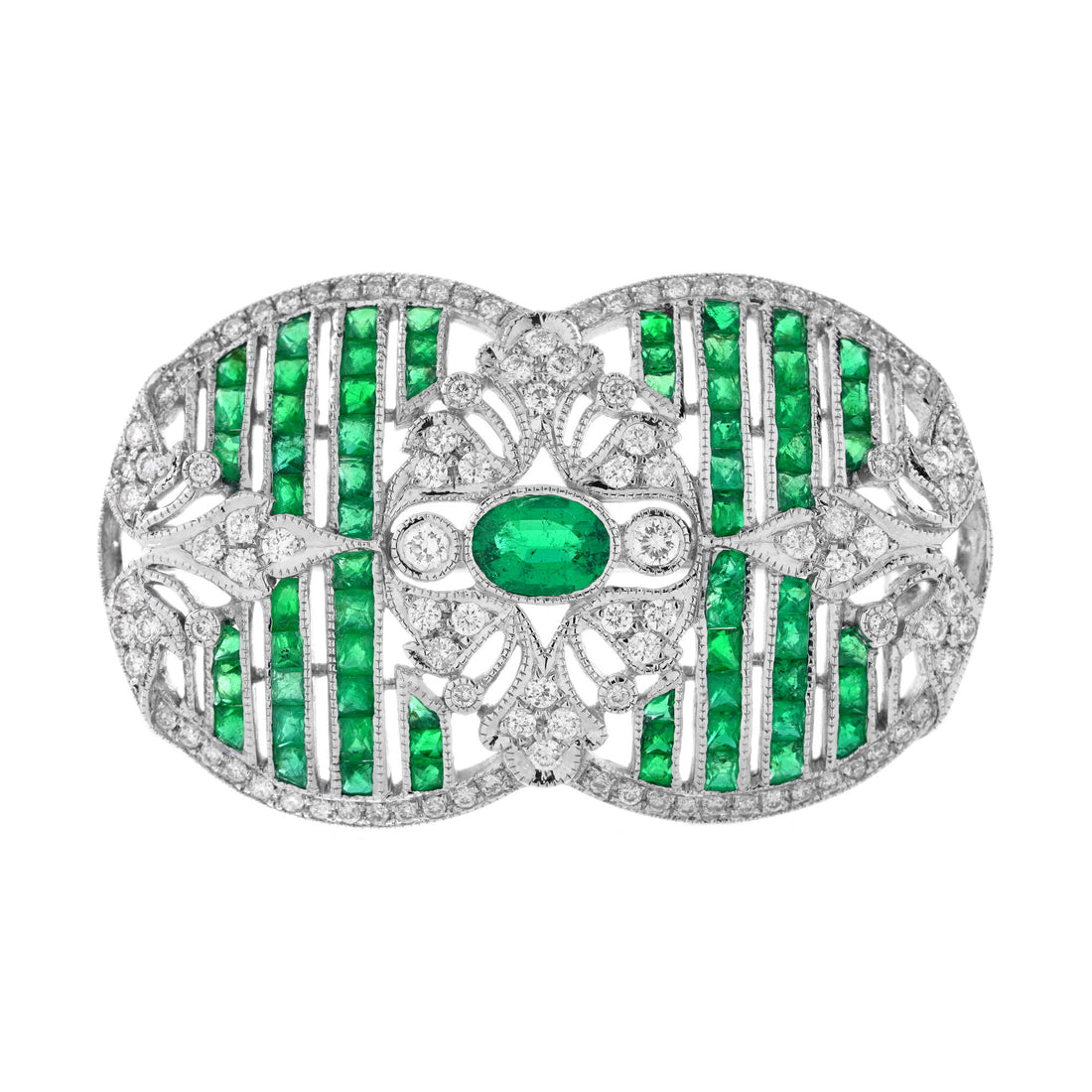 Green Emeralds & Diamonds Art Deco Inspired Style 18K White Gold Pin Brooch