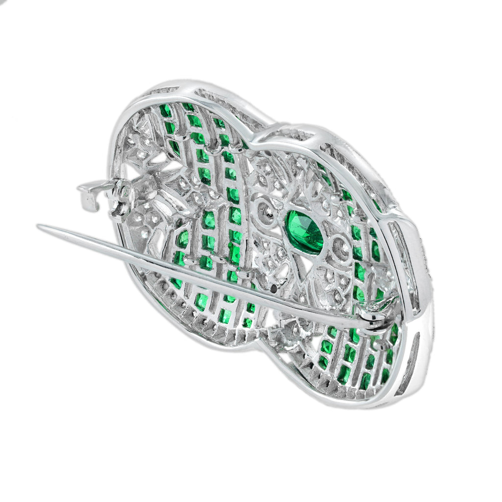Green Emeralds & Diamonds Art Deco Inspired Style 18K White Gold Pin Brooch