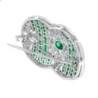 Green Emeralds & Diamonds Art Deco Inspired Style 18K White Gold Pin Brooch