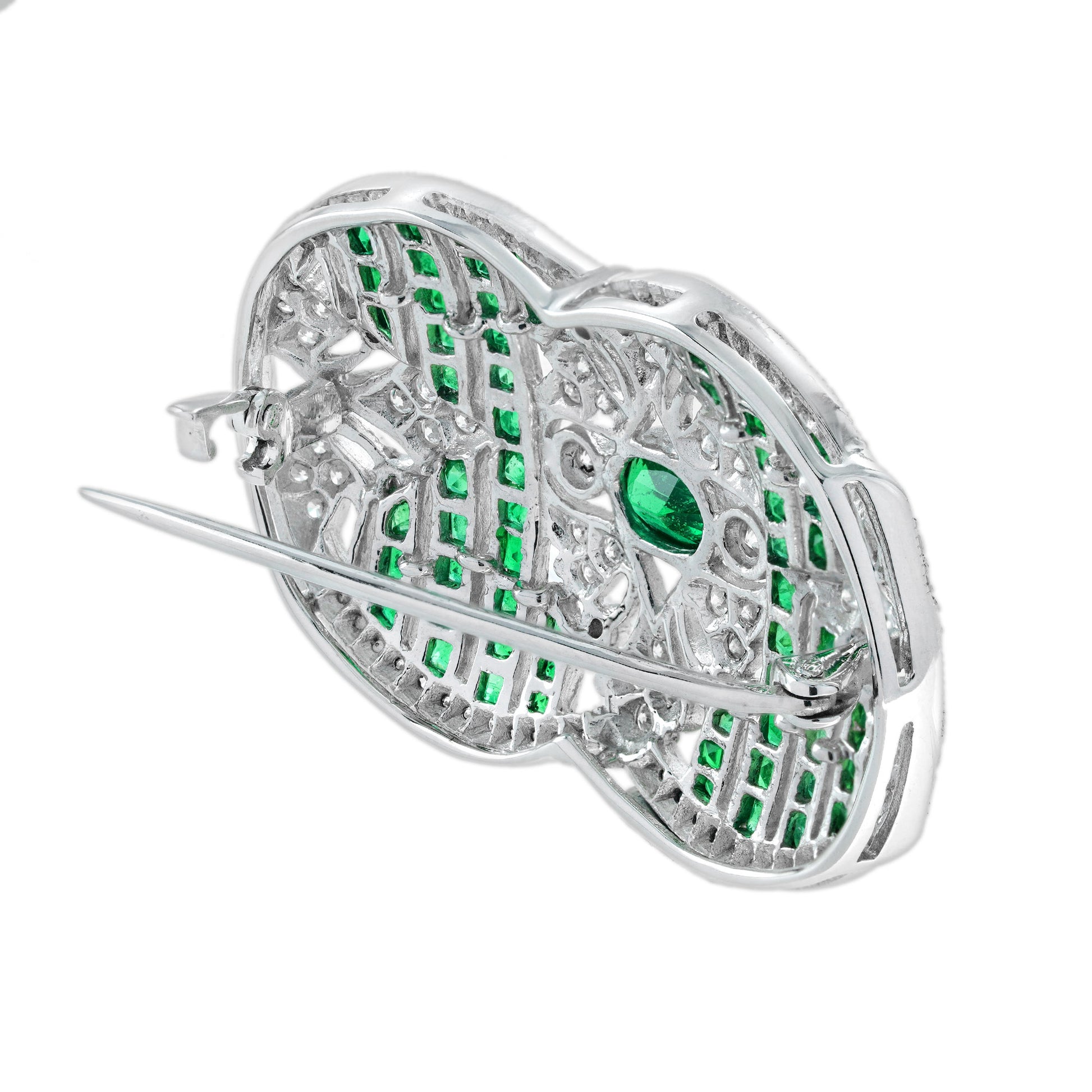 Green Emeralds & Diamonds Art Deco Inspired Style 18K White Gold Pin Brooch