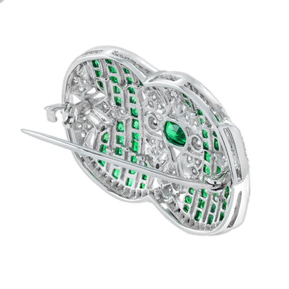 Green Emeralds & Diamonds Art Deco Inspired Style 18K White Gold Pin Brooch