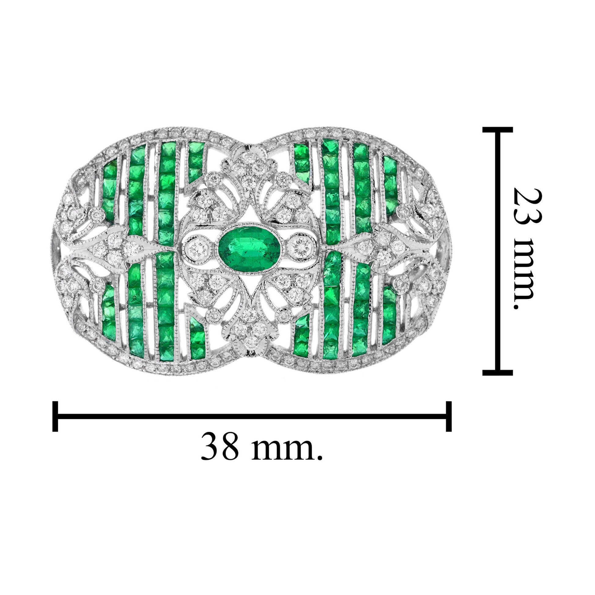 Green Emeralds & Diamonds Art Deco Inspired Style 18K White Gold Pin Brooch