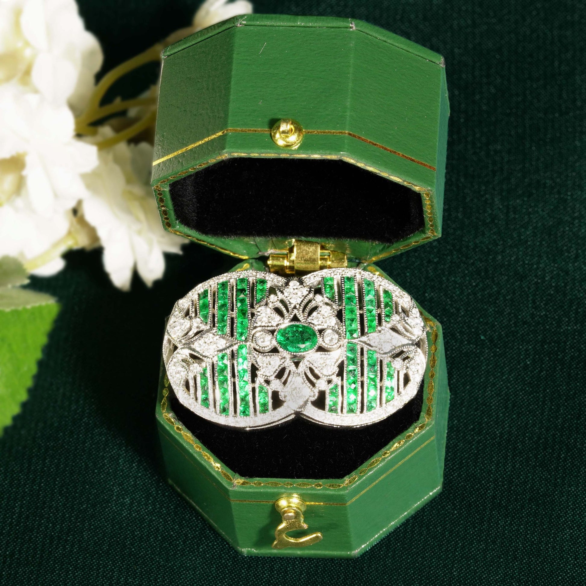 Green Emeralds & Diamonds Art Deco Inspired Style 18K White Gold Pin Brooch