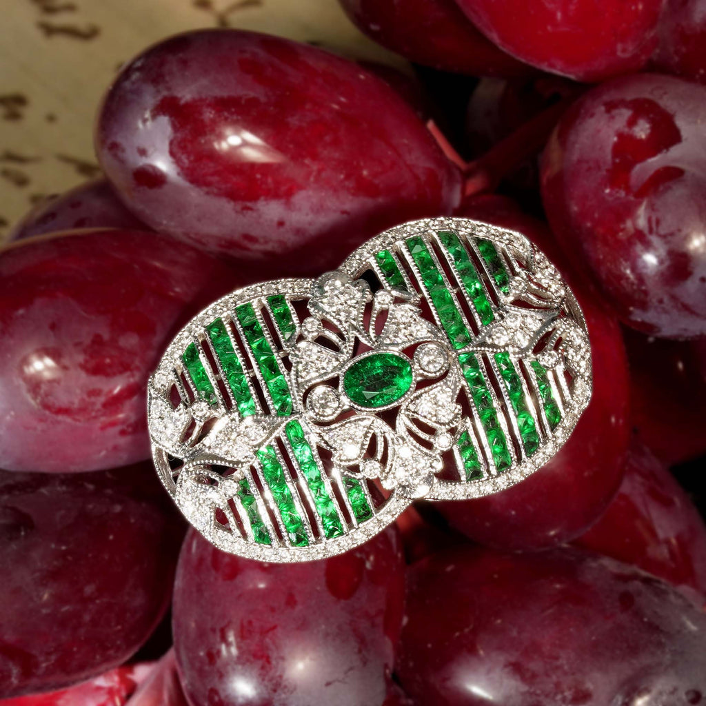 Green Emeralds & Diamonds Art Deco Inspired Style 18K White Gold Pin Brooch