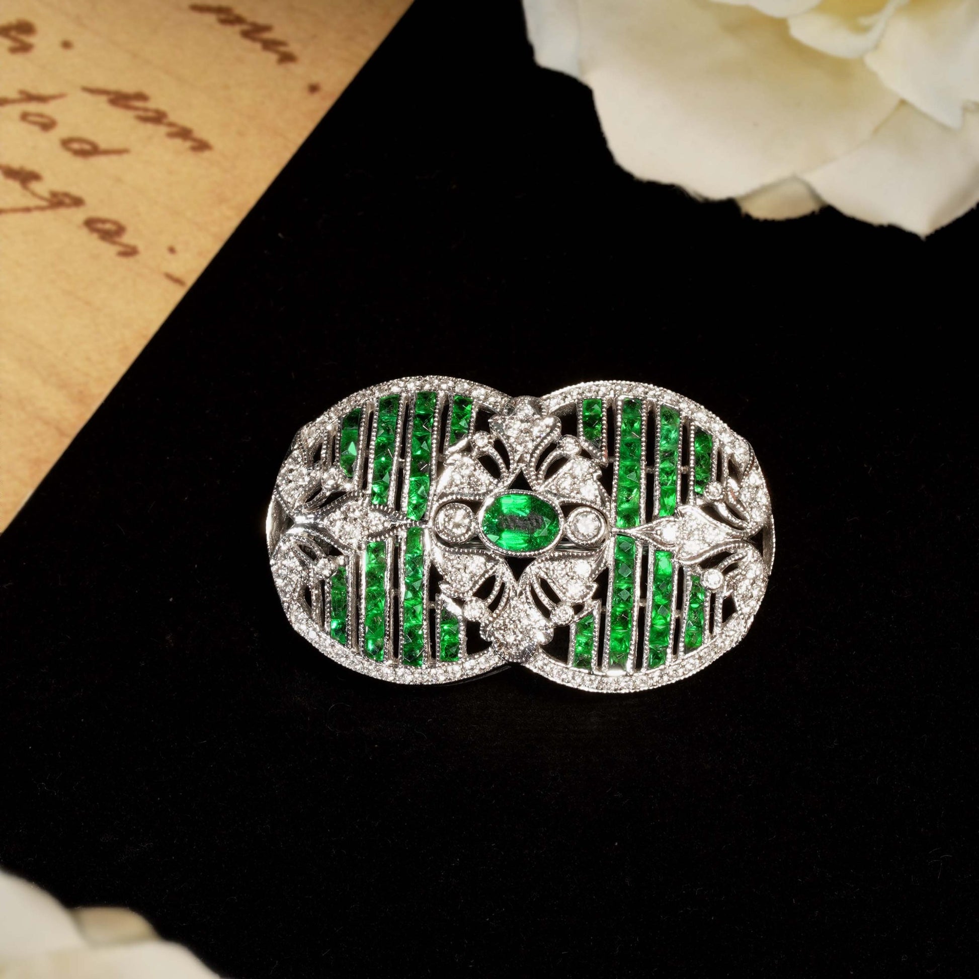 Green Emeralds & Diamonds Art Deco Inspired Style 18K White Gold Pin Brooch