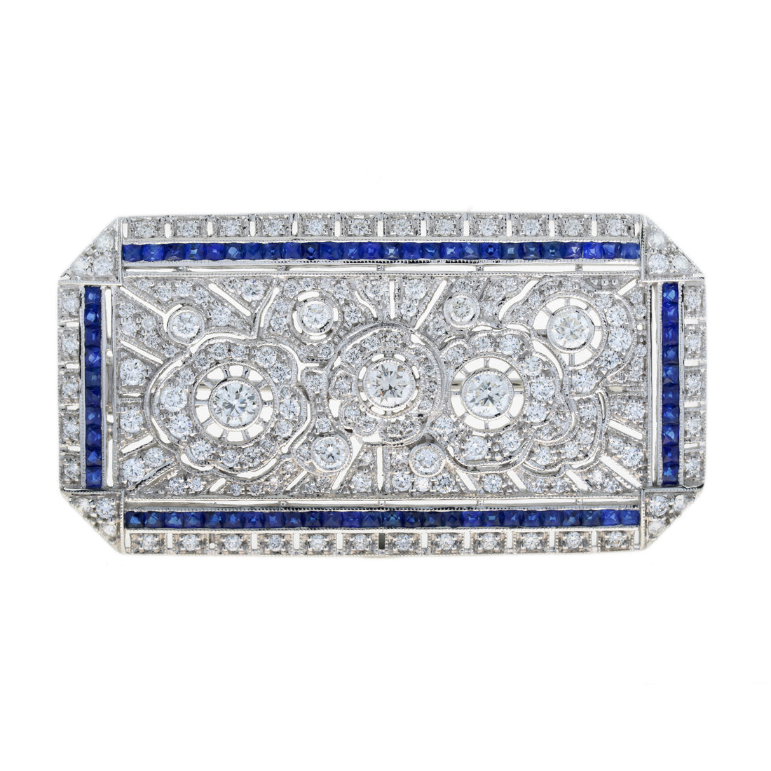 Blue Sapphire &amp; Diamond Art Deco Style 14K White Gold Unique Pin Brooch