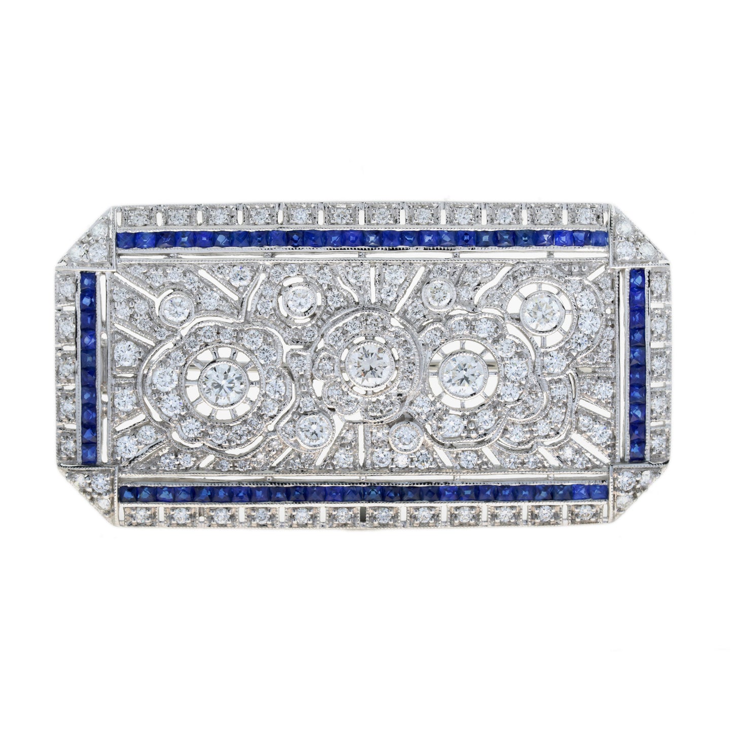 blue sapphire & diamond art deco style 14k white gold unique pin brooch
