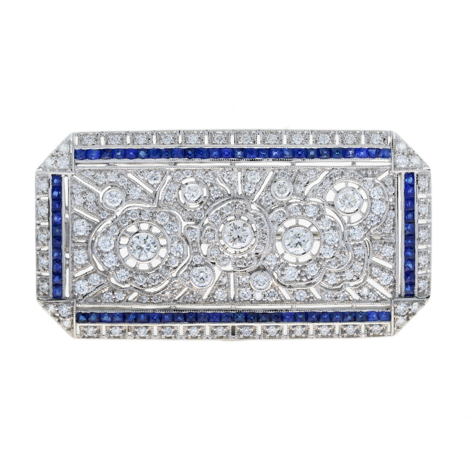 Blue Sapphire &amp; Diamond Art Deco Style 14K White Gold Unique Pin Brooch