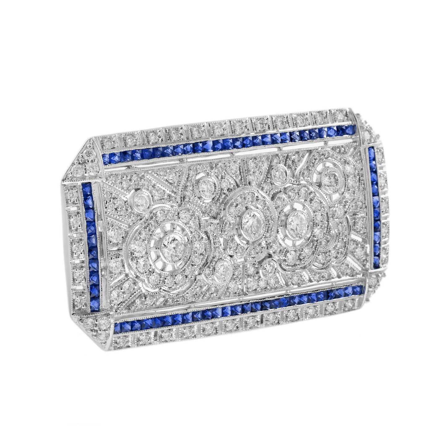 blue sapphire & diamond art deco style 14k white gold unique pin brooch