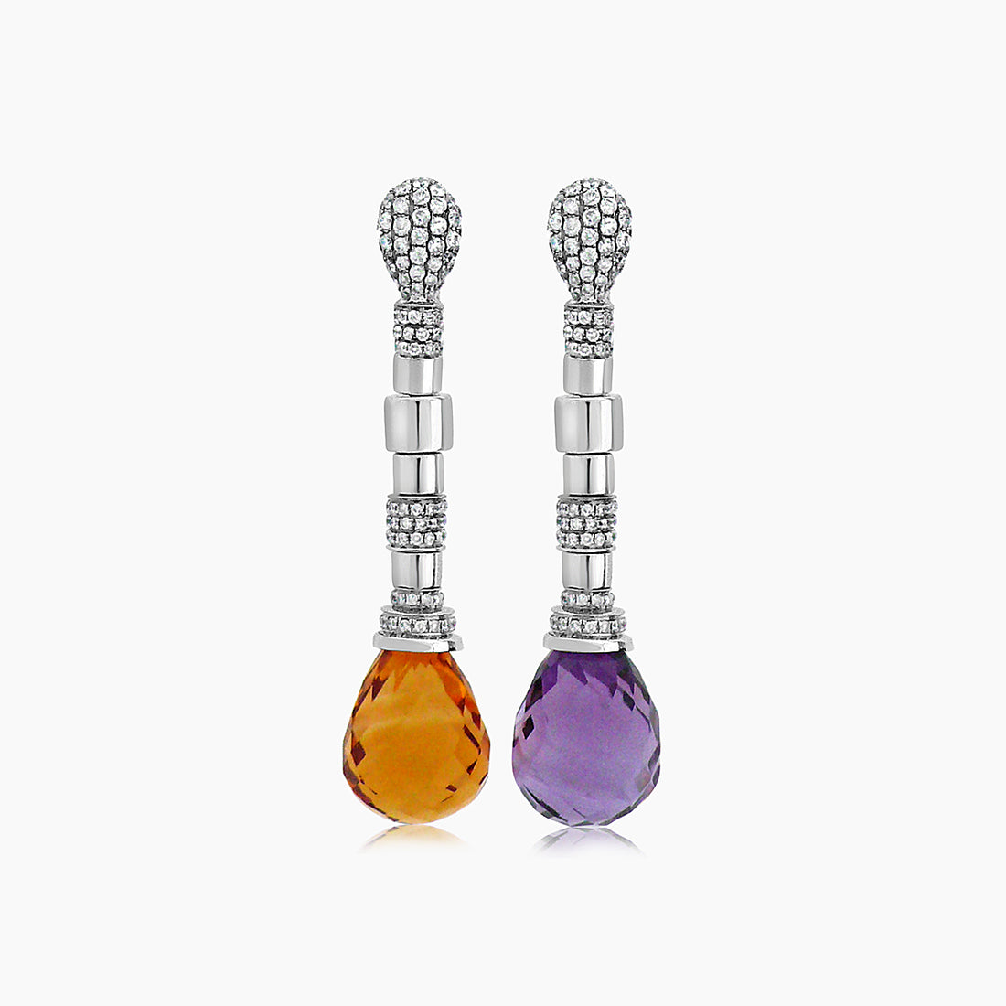 Purple Amethyst & Orange Citrine & Diamond Pave 18K White Gold Drop Earrings