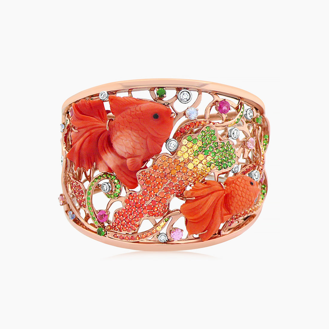 Coral Multi-Color Sapphire Tourmaline & Diamond Rose Gold Fish Bangle Bracelet
