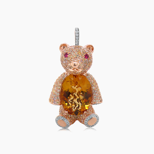 Orange Citrine, Diamond & Ruby 18K Rose Gold Teddy Bear Pendant Necklace