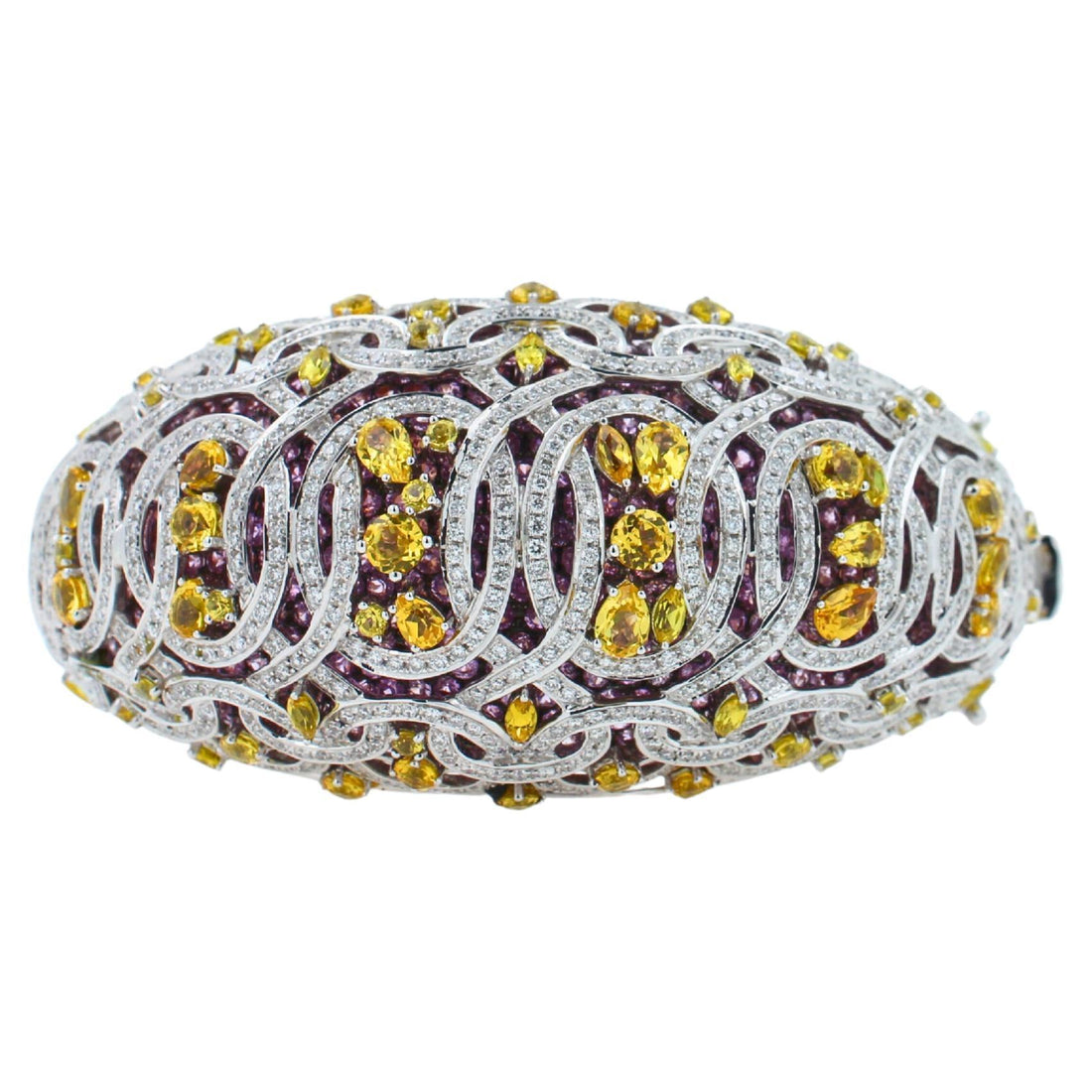 Chunky Unique Yellow &amp; Pink Sapphire Pave Diamond 18k White Rose Bangle Bracelet