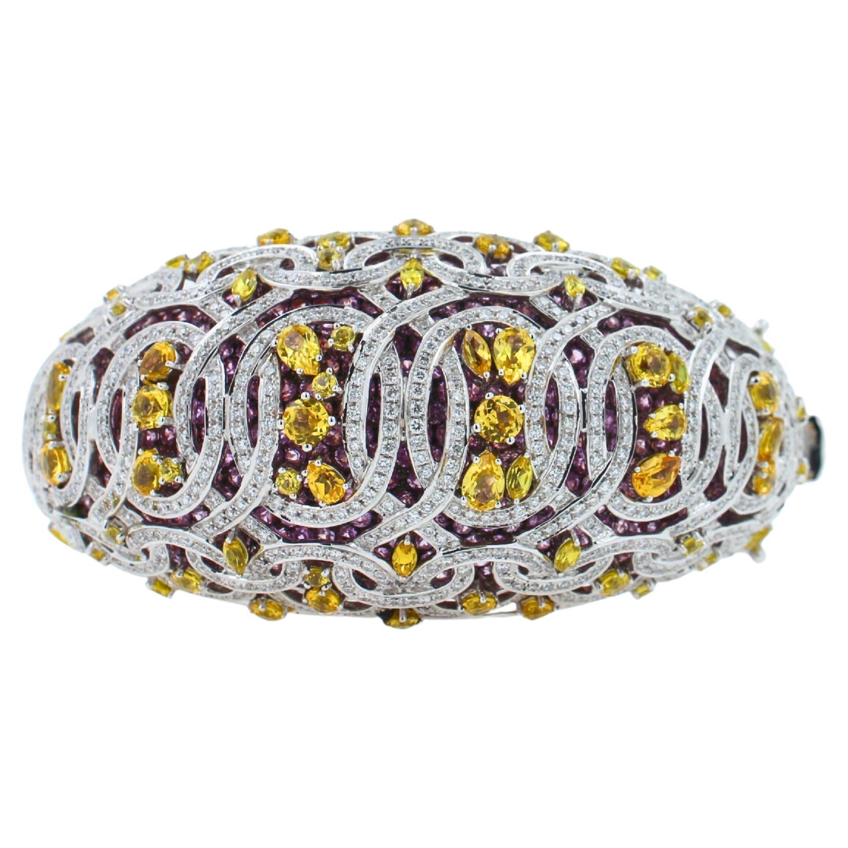 Chunky Unique Yellow &amp; Pink Sapphire Pave Diamond 18k White Rose Bangle Bracelet