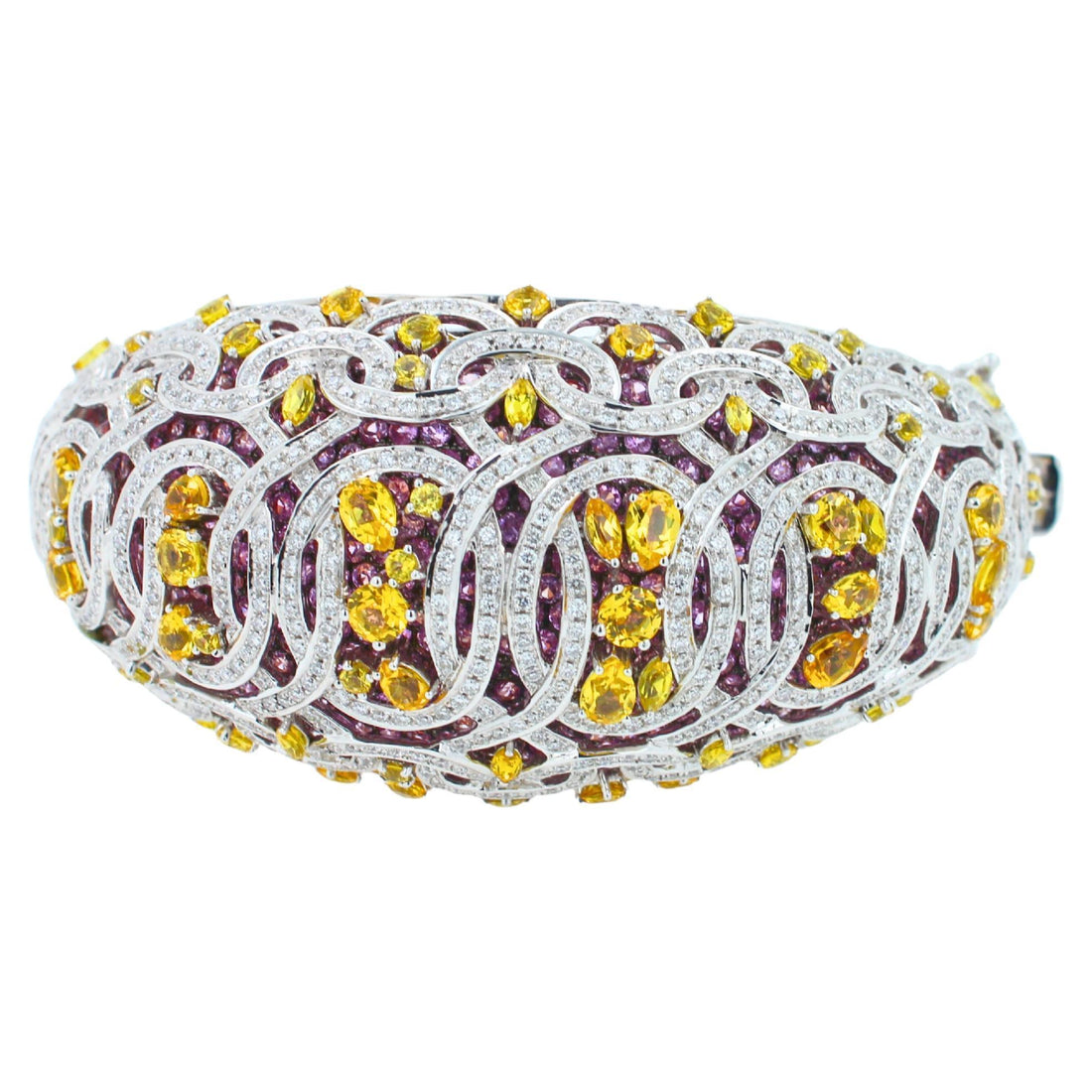 Chunky Unique Yellow &amp; Pink Sapphire Pave Diamond 18k White Rose Bangle Bracelet