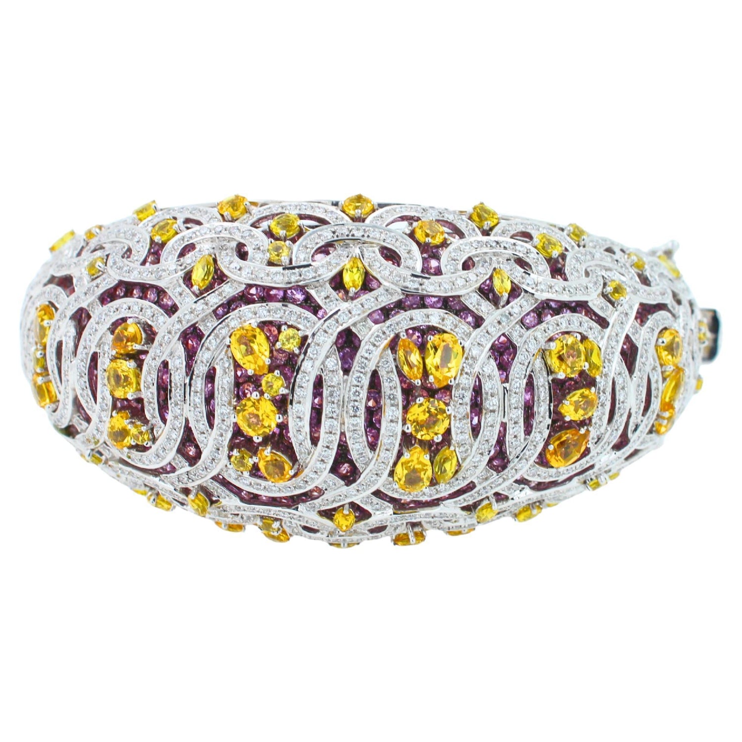Chunky Unique Yellow &amp; Pink Sapphire Pave Diamond 18k White Rose Bangle Bracelet