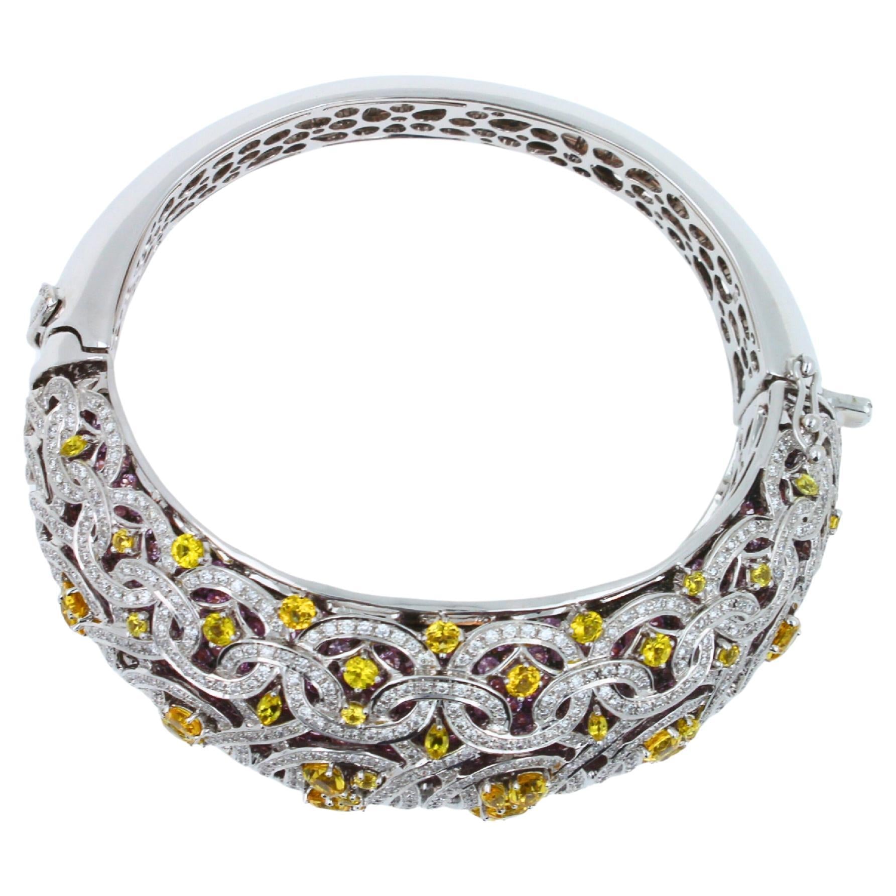 Chunky Unique Yellow &amp; Pink Sapphire Pave Diamond 18k White Rose Bangle Bracelet