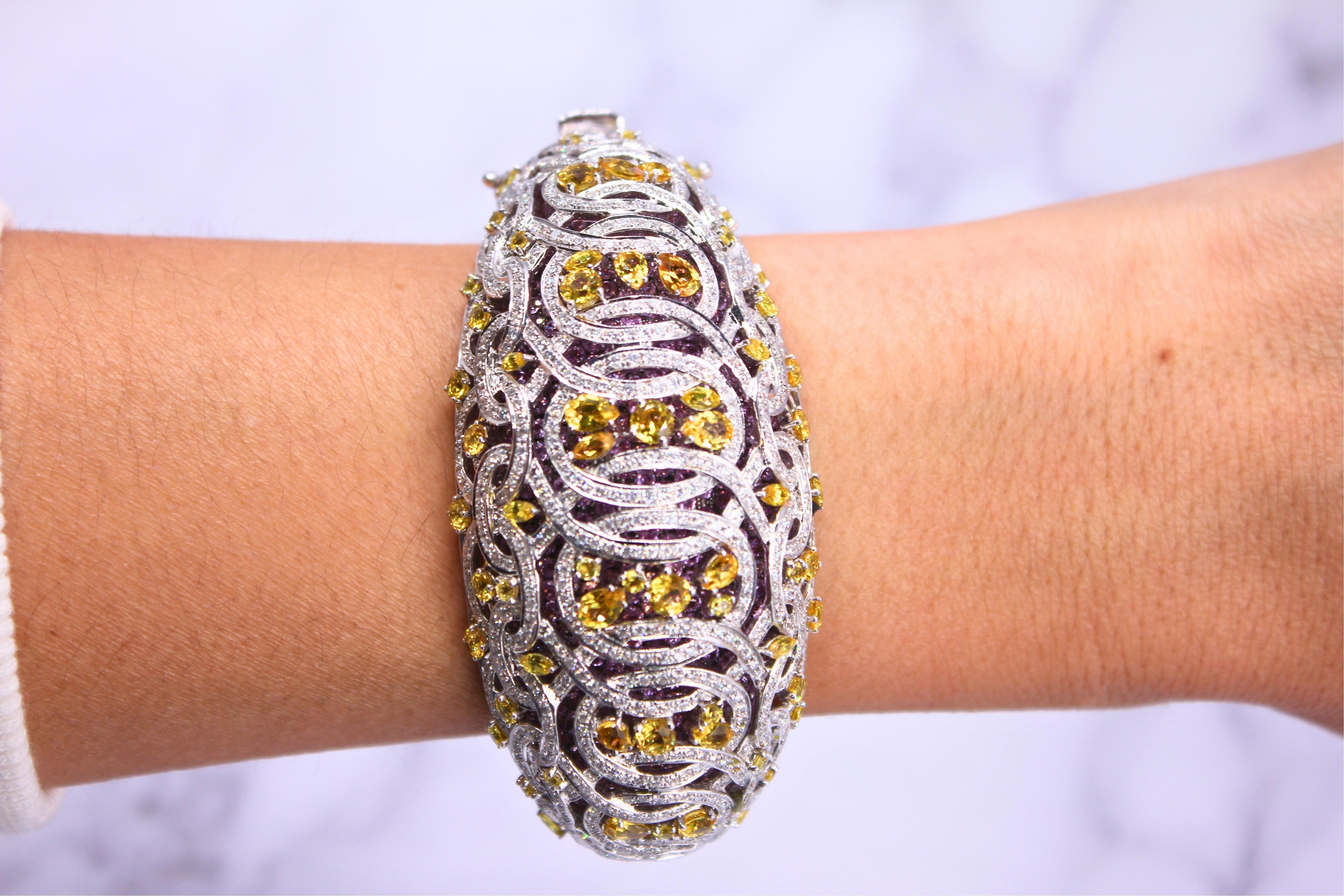 Chunky Unique Yellow &amp; Pink Sapphire Pave Diamond 18k White Rose Bangle Bracelet