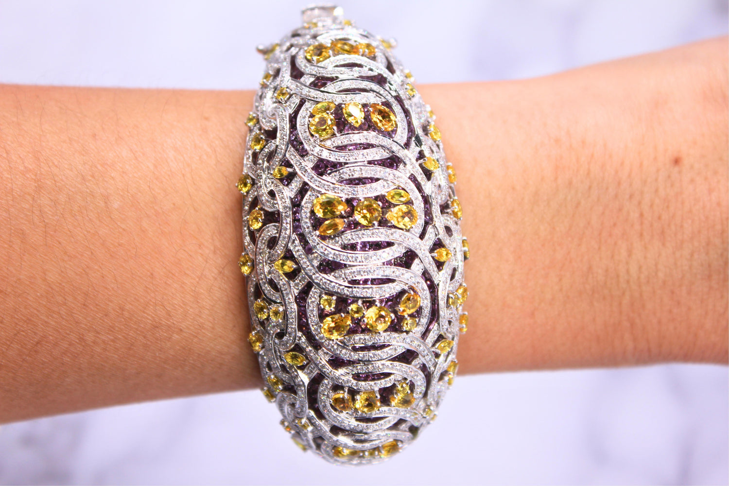 Chunky Unique Yellow &amp; Pink Sapphire Pave Diamond 18k White Rose Bangle Bracelet