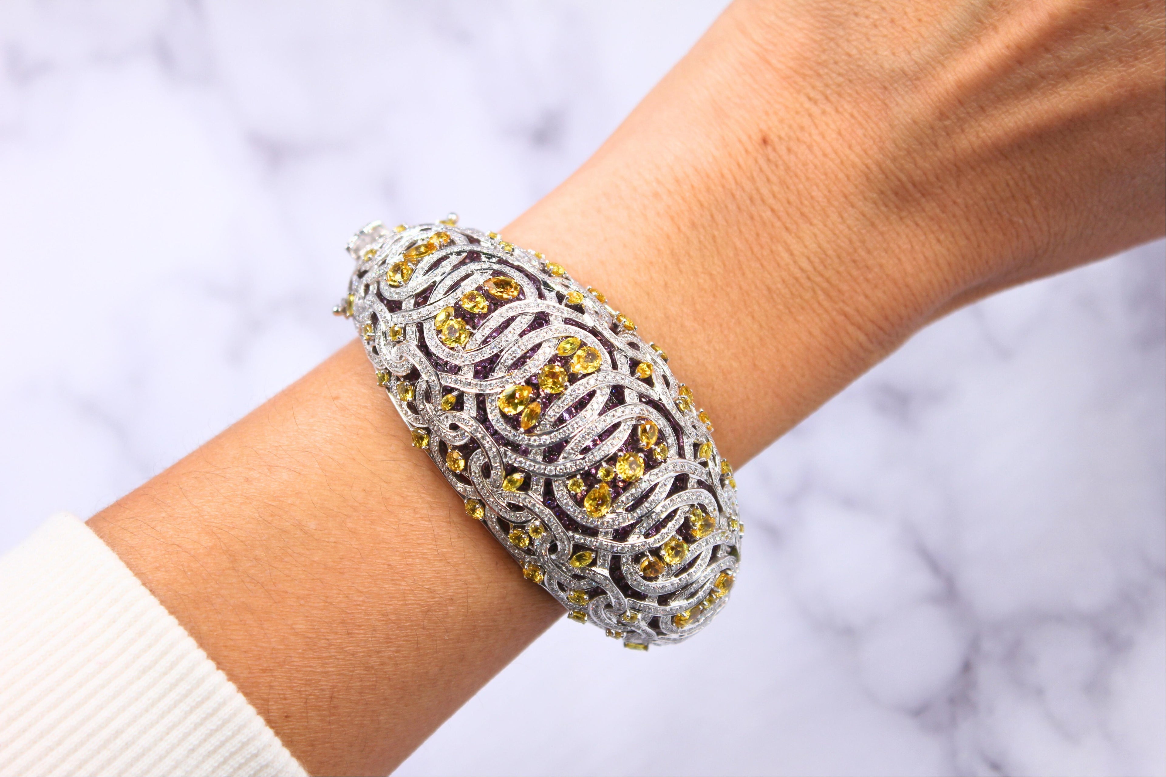 Chunky Unique Yellow &amp; Pink Sapphire Pave Diamond 18k White Rose Bangle Bracelet