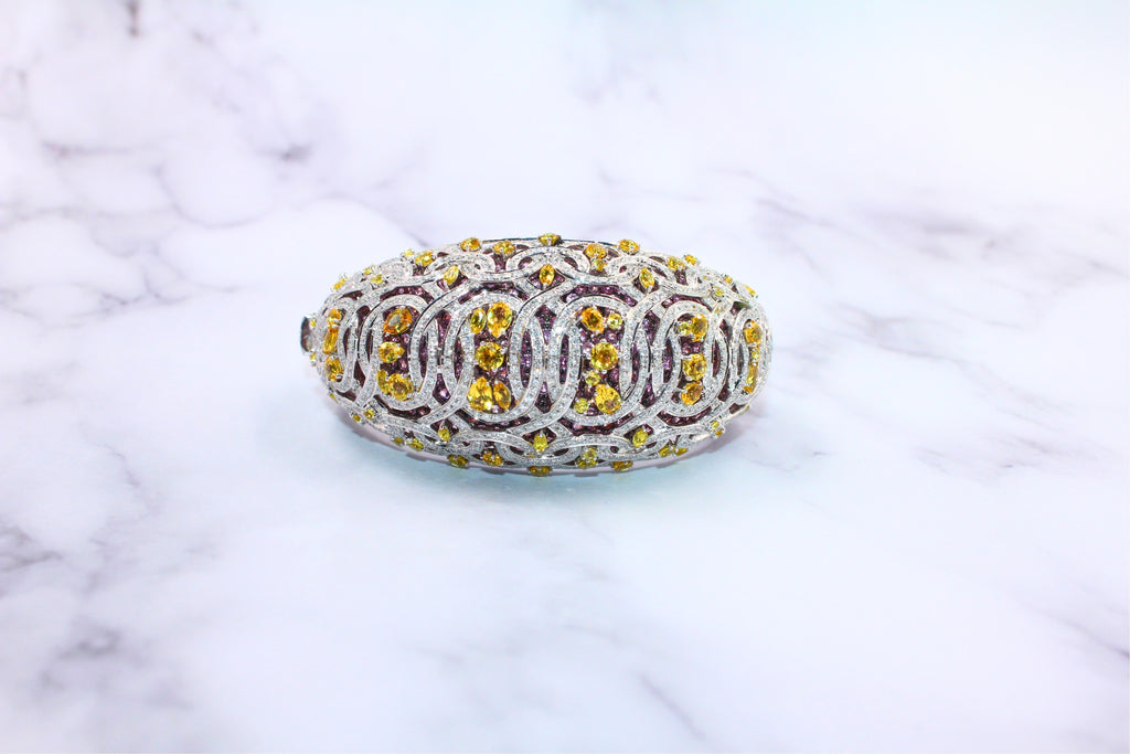 Chunky Unique Yellow & Pink Sapphire Pave Diamond 18k White Rose Bangle Bracelet