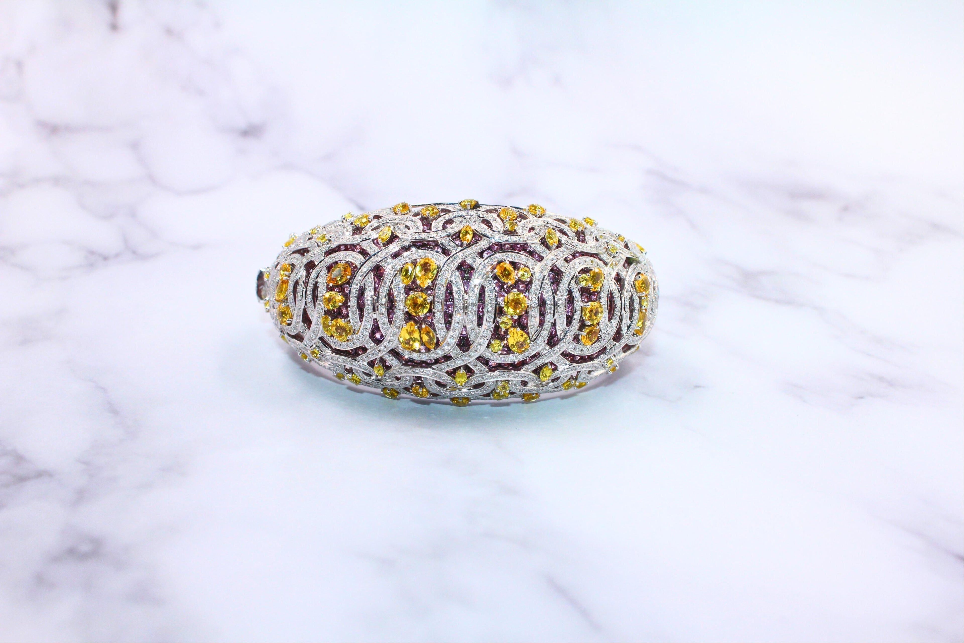 Chunky Unique Yellow &amp; Pink Sapphire Pave Diamond 18k White Rose Bangle Bracelet
