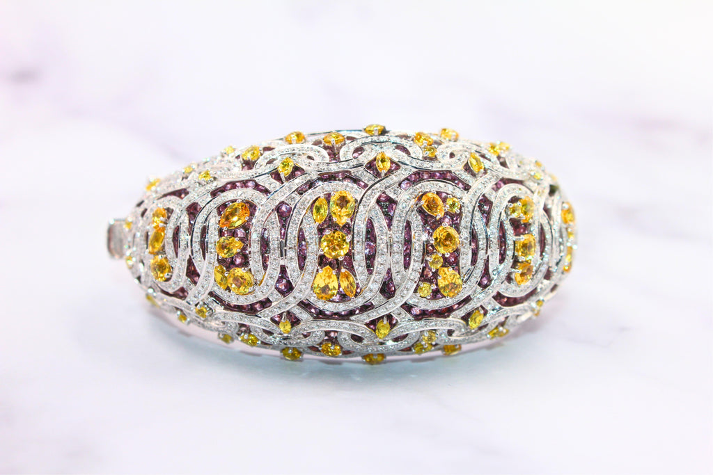 Chunky Unique Yellow & Pink Sapphire Pave Diamond 18k White Rose Bangle Bracelet