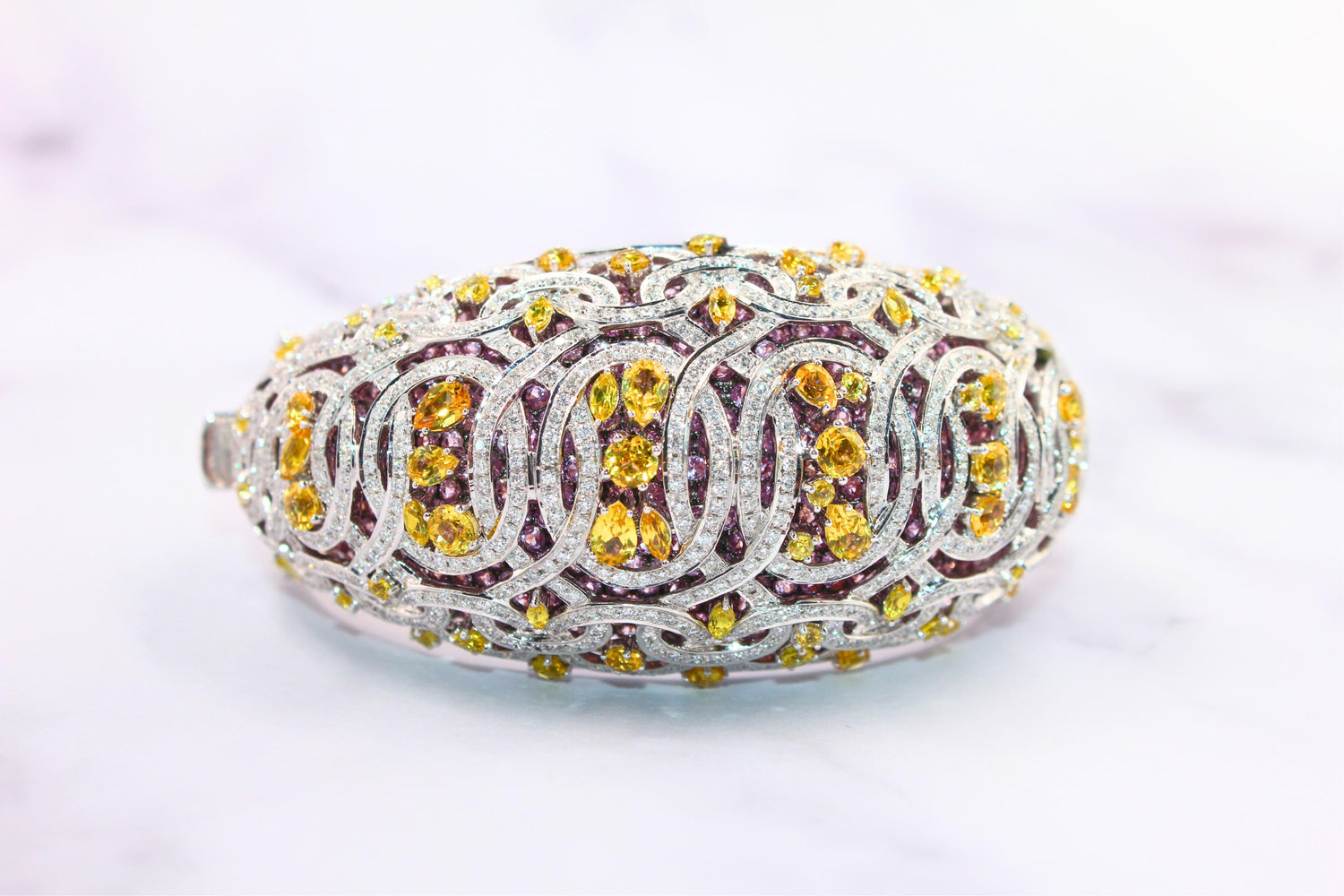 Chunky Unique Yellow &amp; Pink Sapphire Pave Diamond 18k White Rose Bangle Bracelet